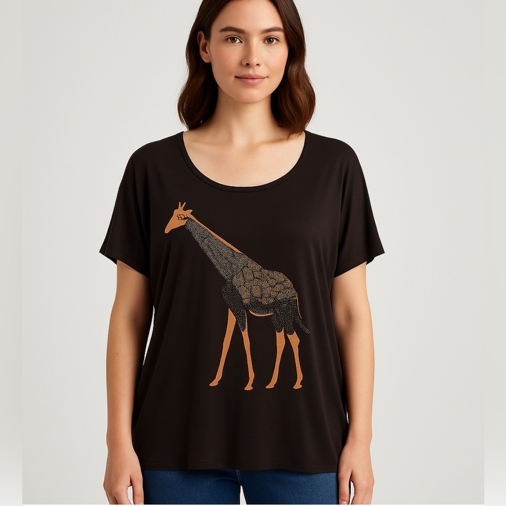 NWT Fiorella Rubino Woman’s Sz L Giraffe Chocolate Brown Rhinestone T-shirt Top